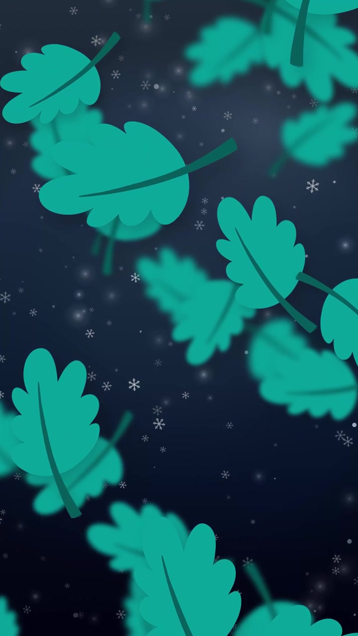 Playful teal oak leaves fall through a dark night sky with gentle white snowflakes.
