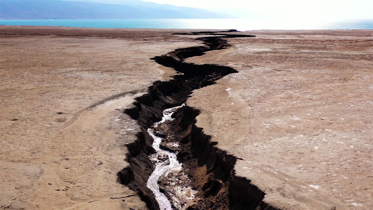 Aerial footage over Jordan River mouth to the Dead sea