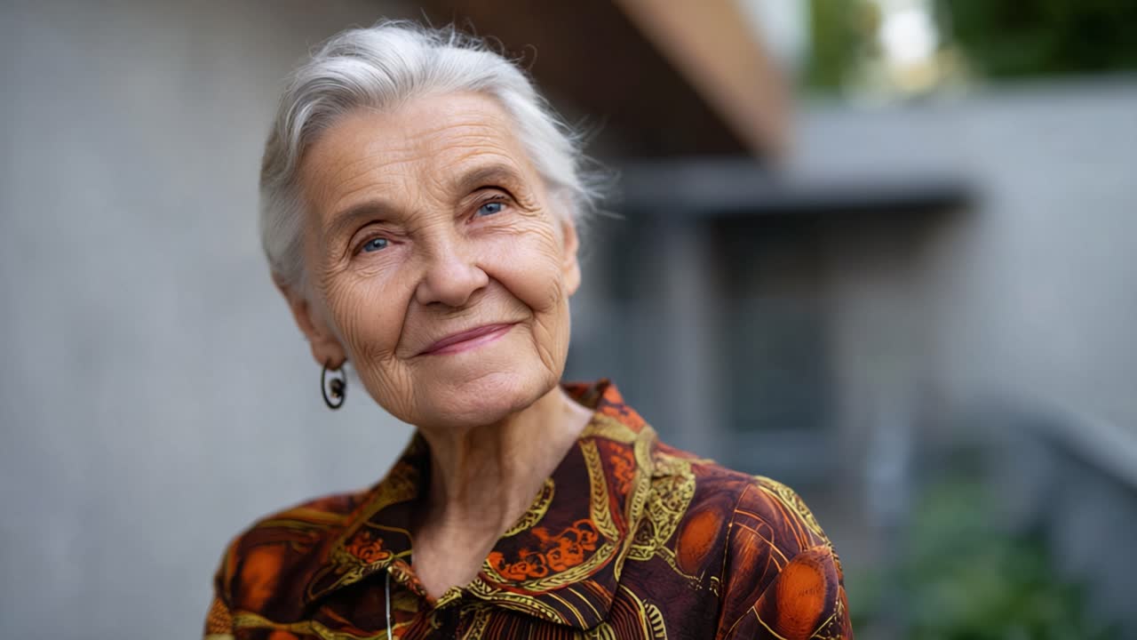 Envelhecendo com graciosidade: Um retrato encantador de uma mulher idosa elegante sorrindo radiantemente em um belo cenário ao ar livre com luz natural realçando suas feições