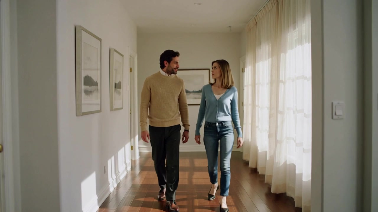 Pareja caminando moviéndose desde el fondo hacia la cámara en un pasillo con zonas iluminadas por el sol, vistiendo un suéter beige