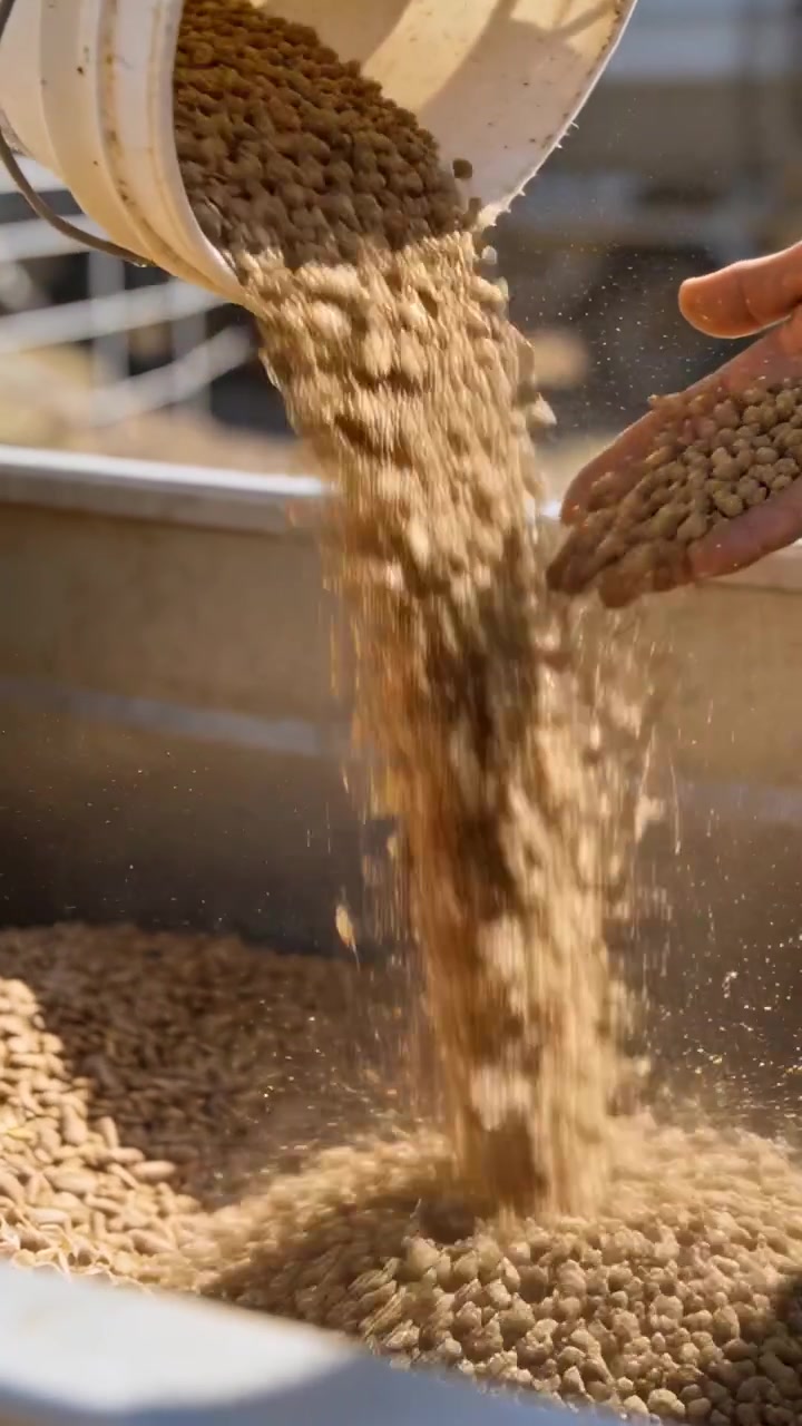 Vertical video: Tipping white bucket, hand pouring brown feed pellets into metal trough for feeding