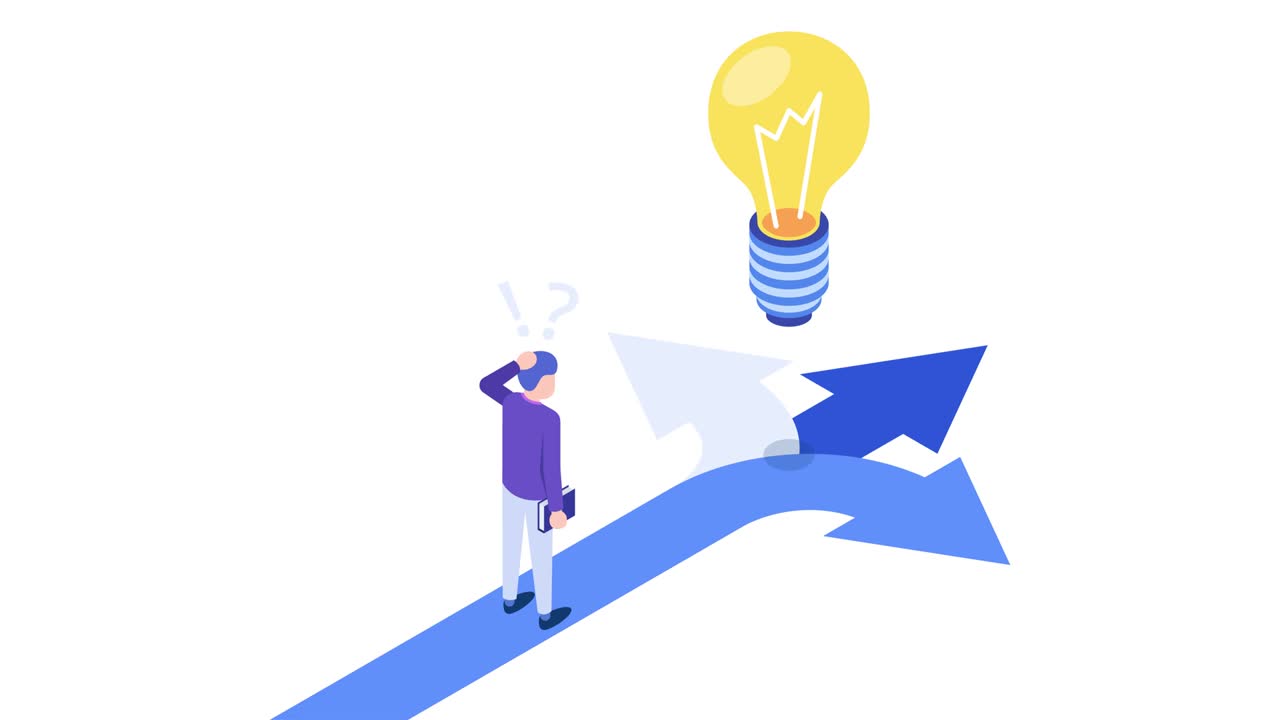 Three-way direction. Direction choose options, solution, decision. Man thinking. Loop animation. 4K resolution.