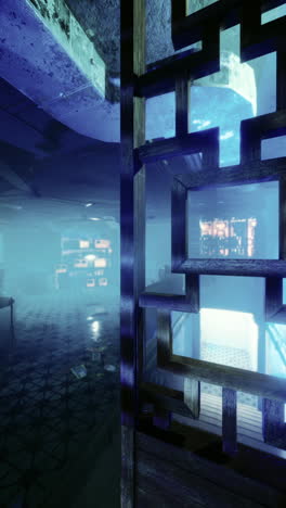 walk through a misty lounge with neon lights and intricate decor at night
