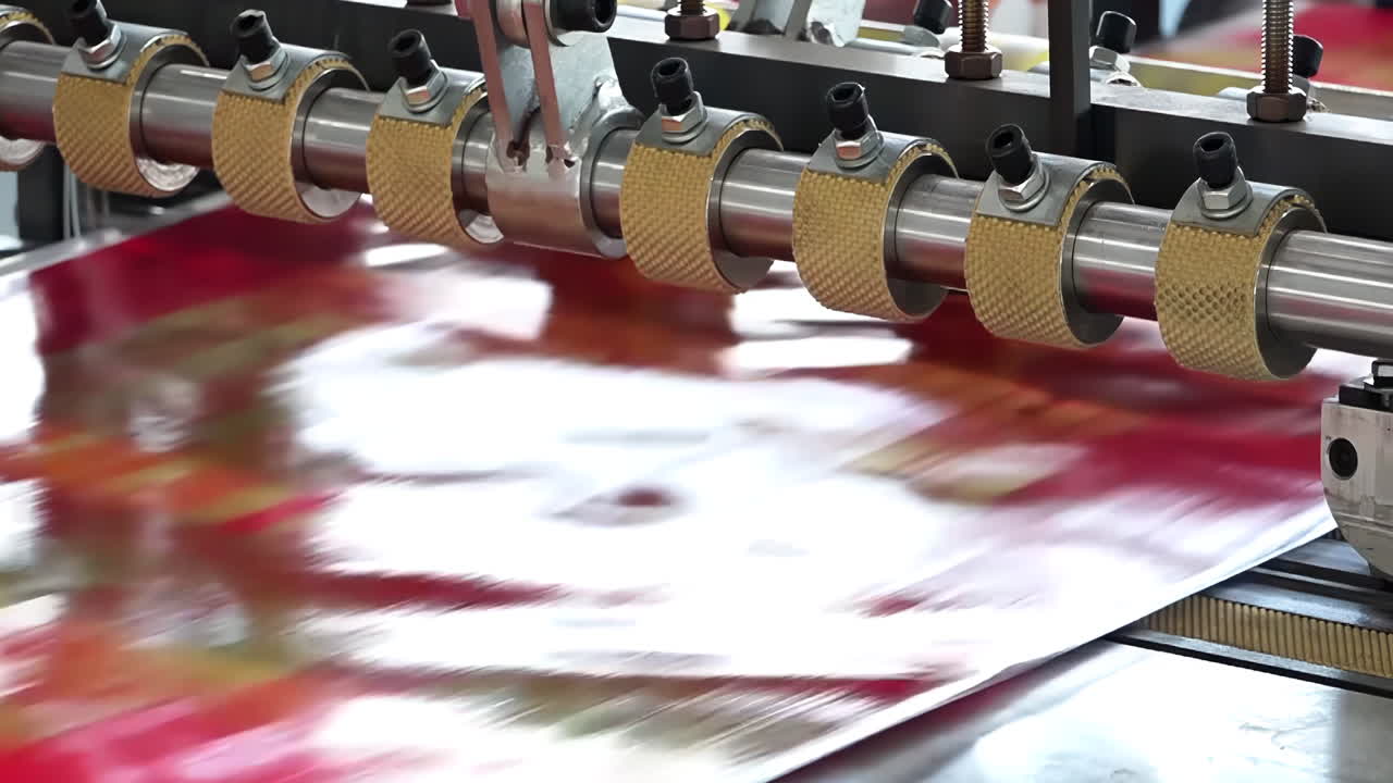 Industrial plastic bag production machine processing rolls of polymer sheets ready for distribution after production from rice, showing modern efficiency rice industry, rice processing automation