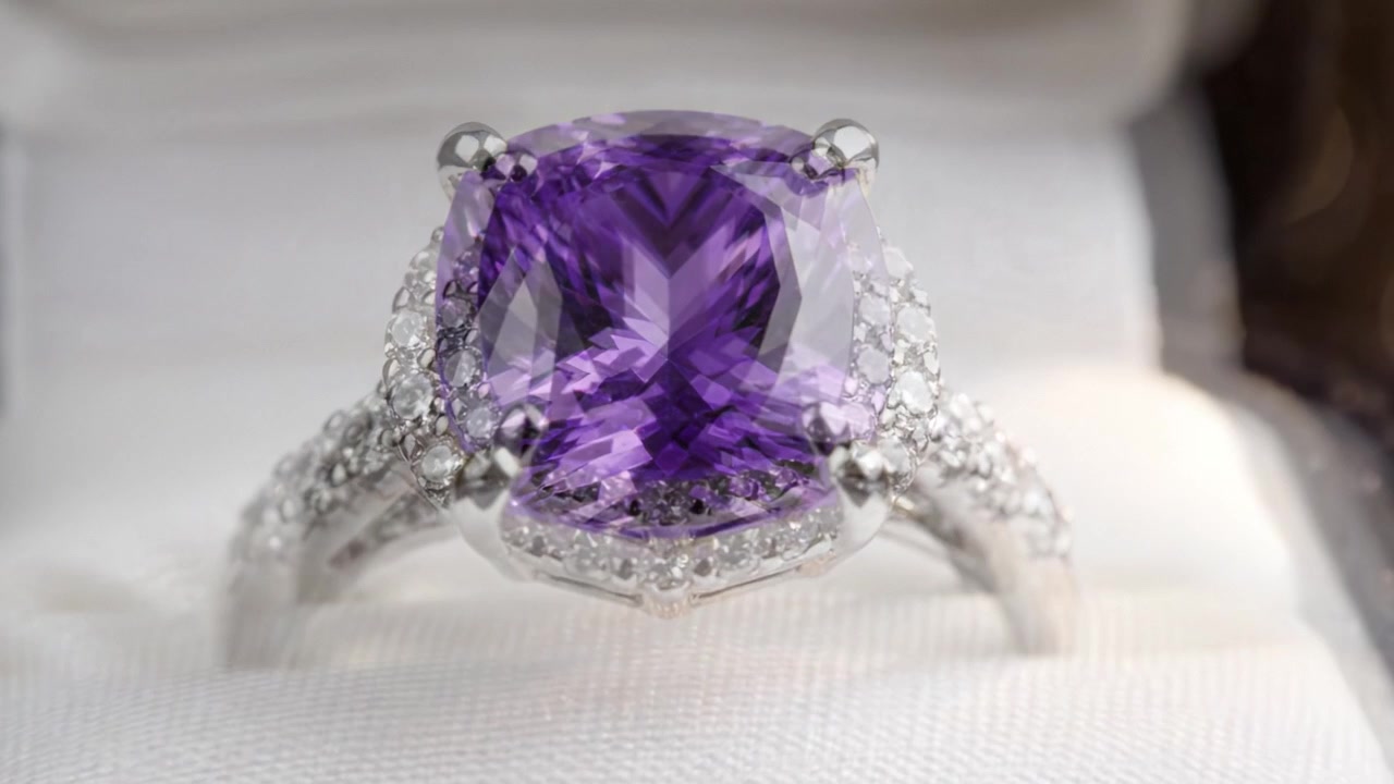 Squisito anello con ametista viola: un gioiello abbagliante che mette in mostra una brillante maestria artigianale e un design elegante in una lussuosa scatola di presentazione.