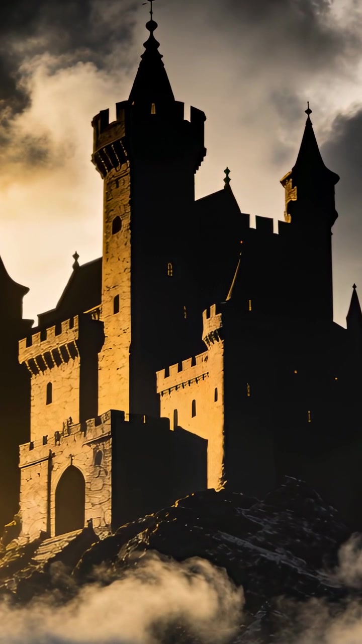Video vertical: Iniciando un dolly, la cámara se acerca y asciende, mostrando la fachada izquierda iluminada de un castillo en la niebla.