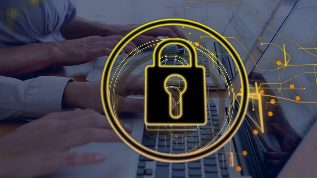 Two sets of hands typing while circular graphic appearing and forming golden padlock, securing data