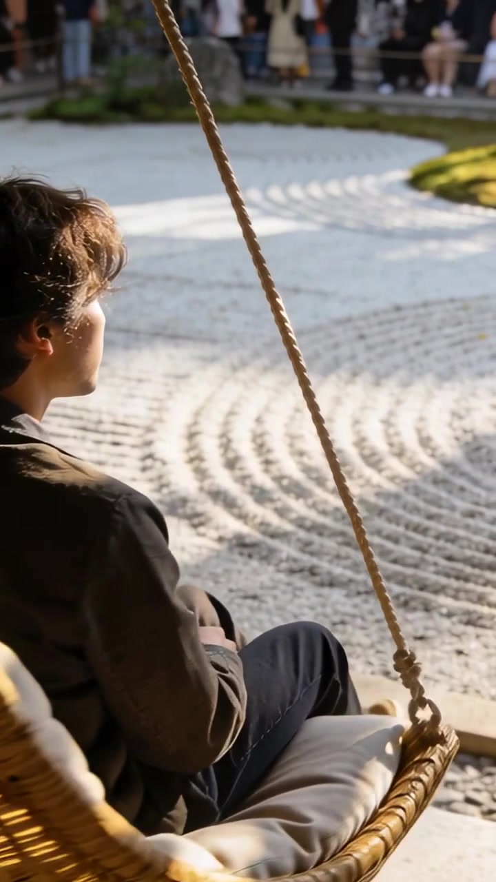 Vertikal video: Siddende mand i jakke på stol, der kigger på zen sandhave, mens kameraet panorerer, med kopiplads