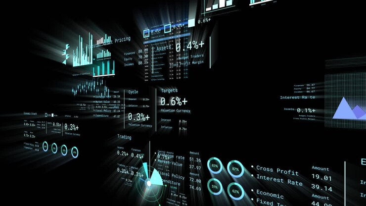 Animation of financial data processing with numbers over black background
