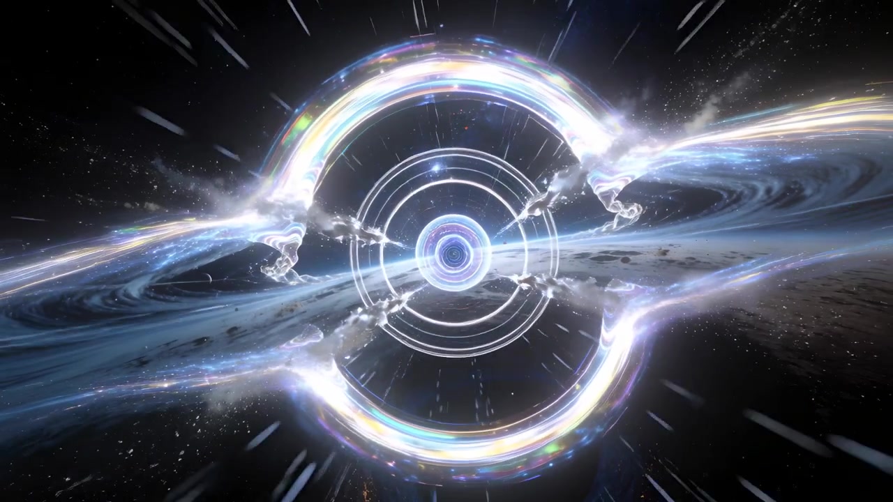 Evolving torus pulsing above cratered horizon, core emerging and forming focused portal ripples