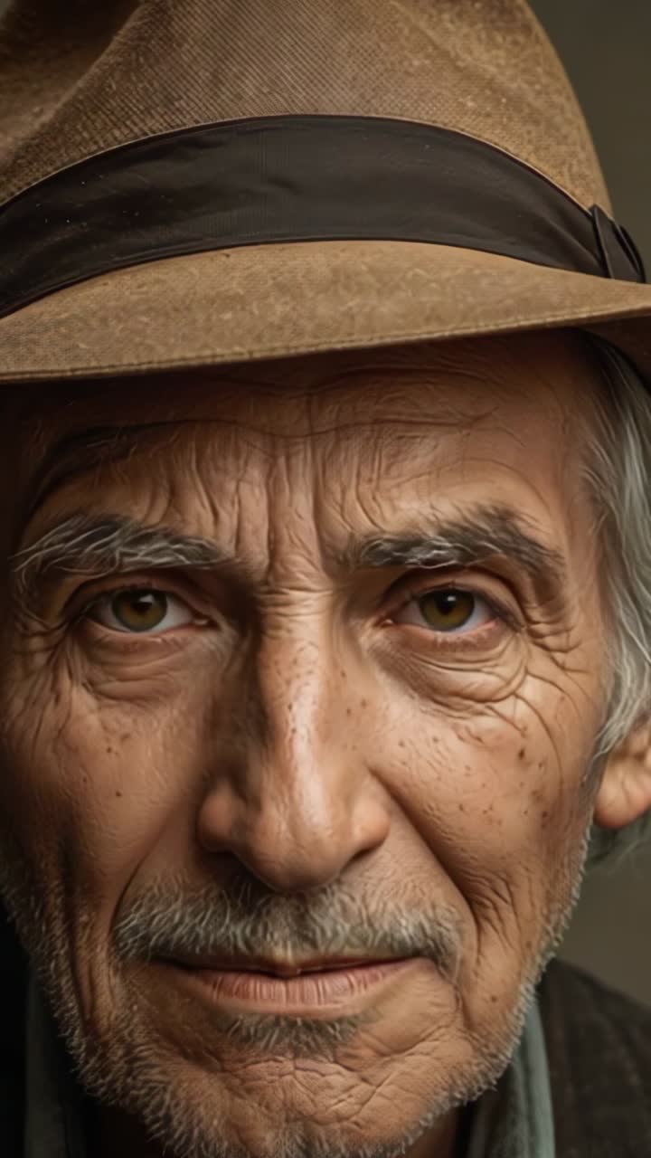 Vídeo vertical: Hombre mayor sonriendo y abriendo los ojos con un sombrero fedora marrón saludando al espectador en el estudio