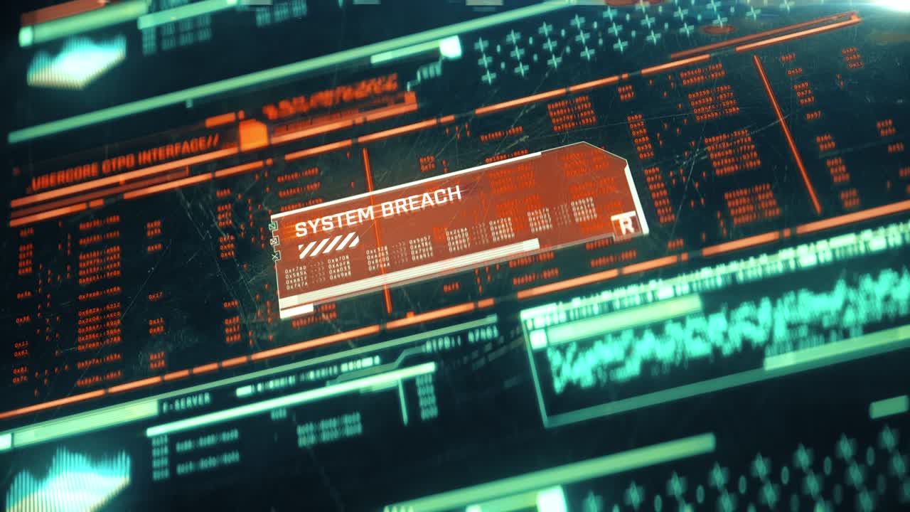 System breach text on glitching computer screen, security breach, data theft