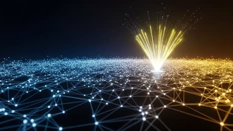 a stunning visualization of a dynamic network's expansion, featuring a radiant eruption of light amidst a sea of interconnected nodes and lines