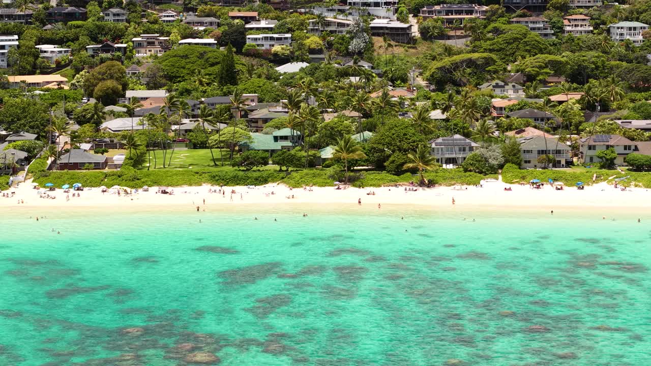 Lanikai Beach, Kailua Oahu Island, Hawaii USA. Aerial View of Sandy Shore and Residential Neighborhood