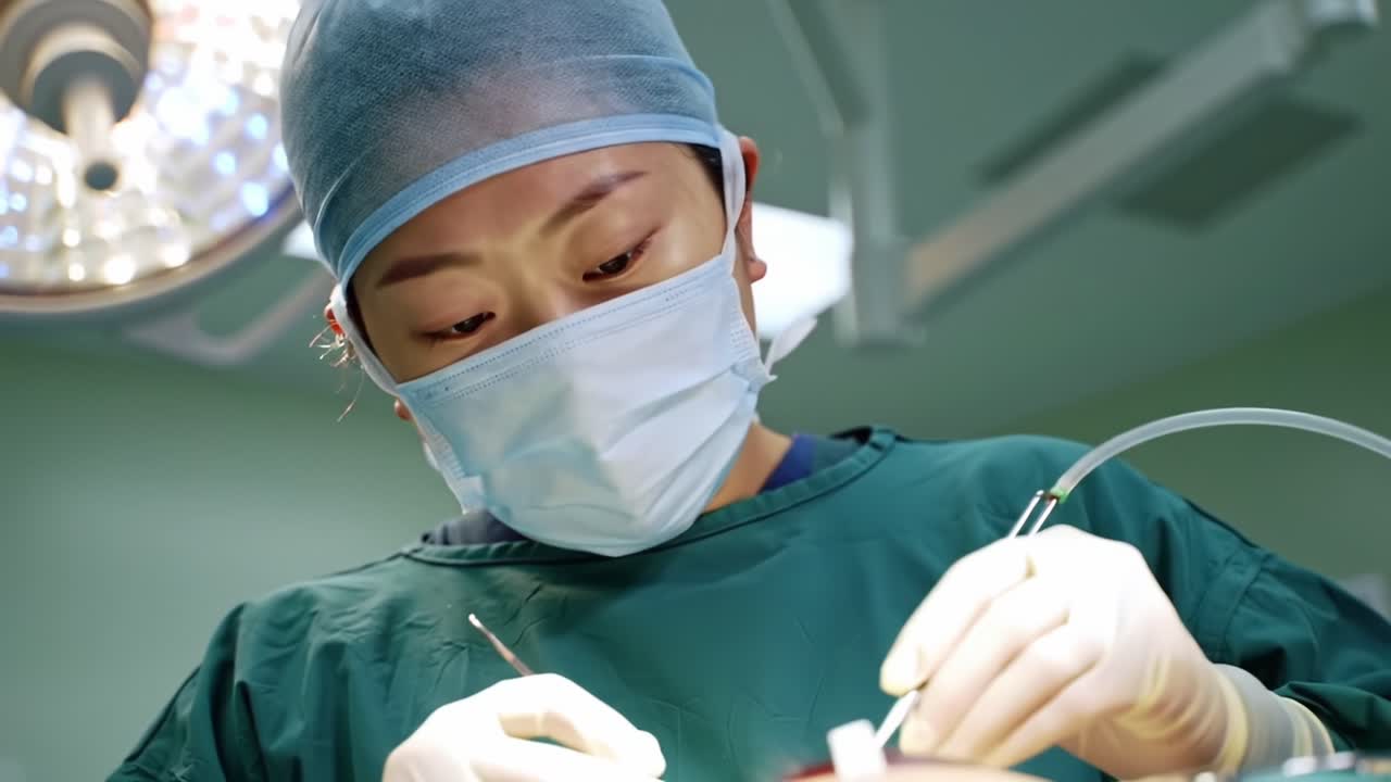 Focused Surgeon Engaged in Precise Medical Procedure Under Bright Surgical Lights