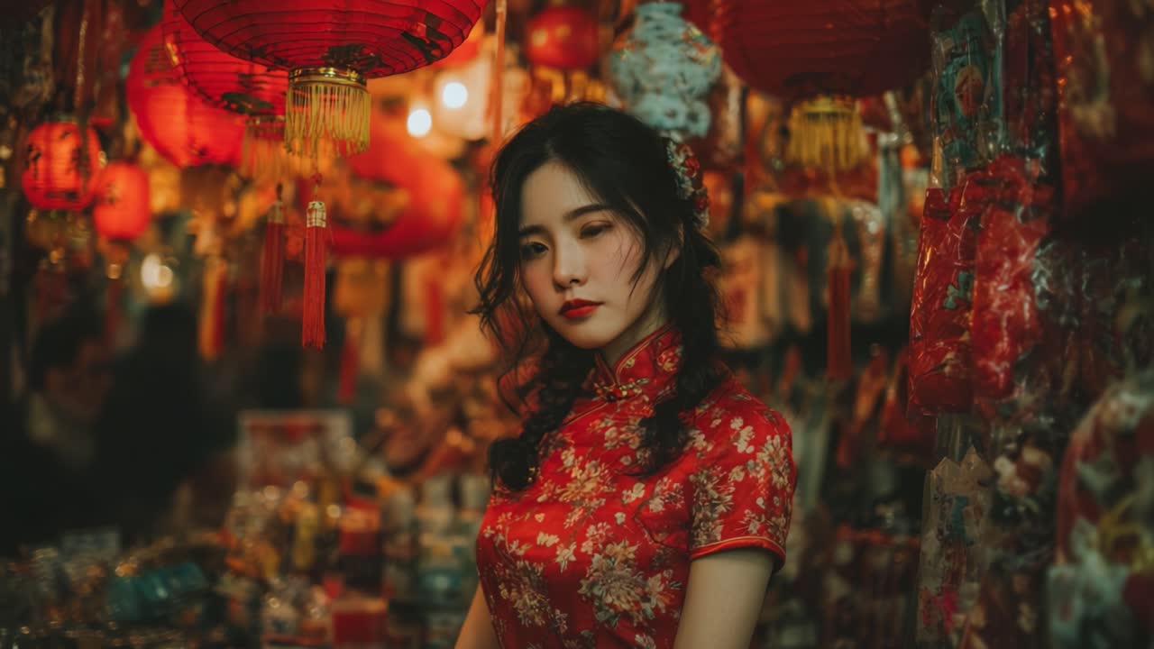 Un ritratto affascinante di una giovane donna in un abito rosso tradizionale, circondata da lanterne vivaci ed elementi decorativi che evocano il patrimonio culturale e la festa