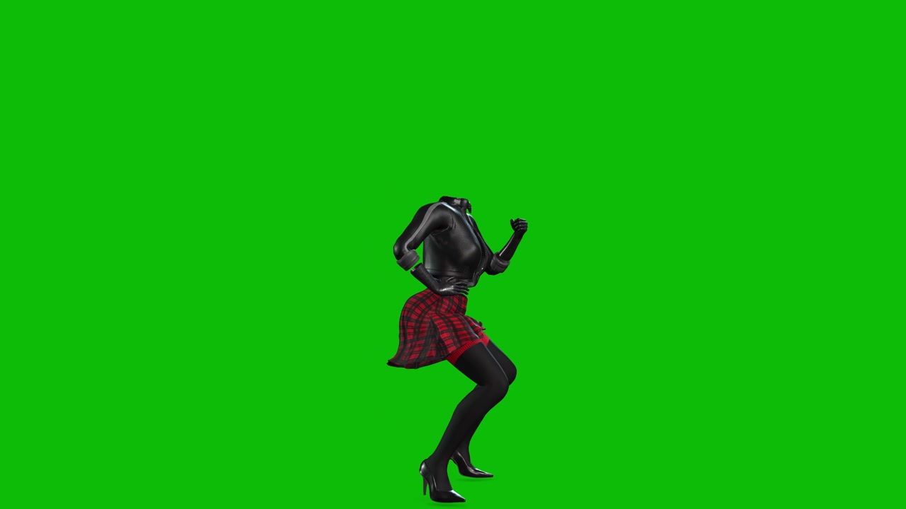 Donna invincibile in 3D che indossa una giacca di pelle, gonna corta e tacchi alti, che balla su green screen, animazione 3D.