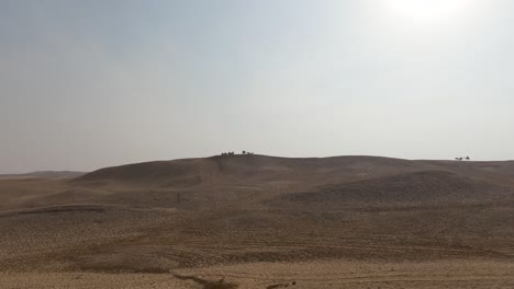 Desert-landscape,-Silhouette-of-a-camel-walking-in-the-distance,-Giza-Pyramid-Complex,-Egypt