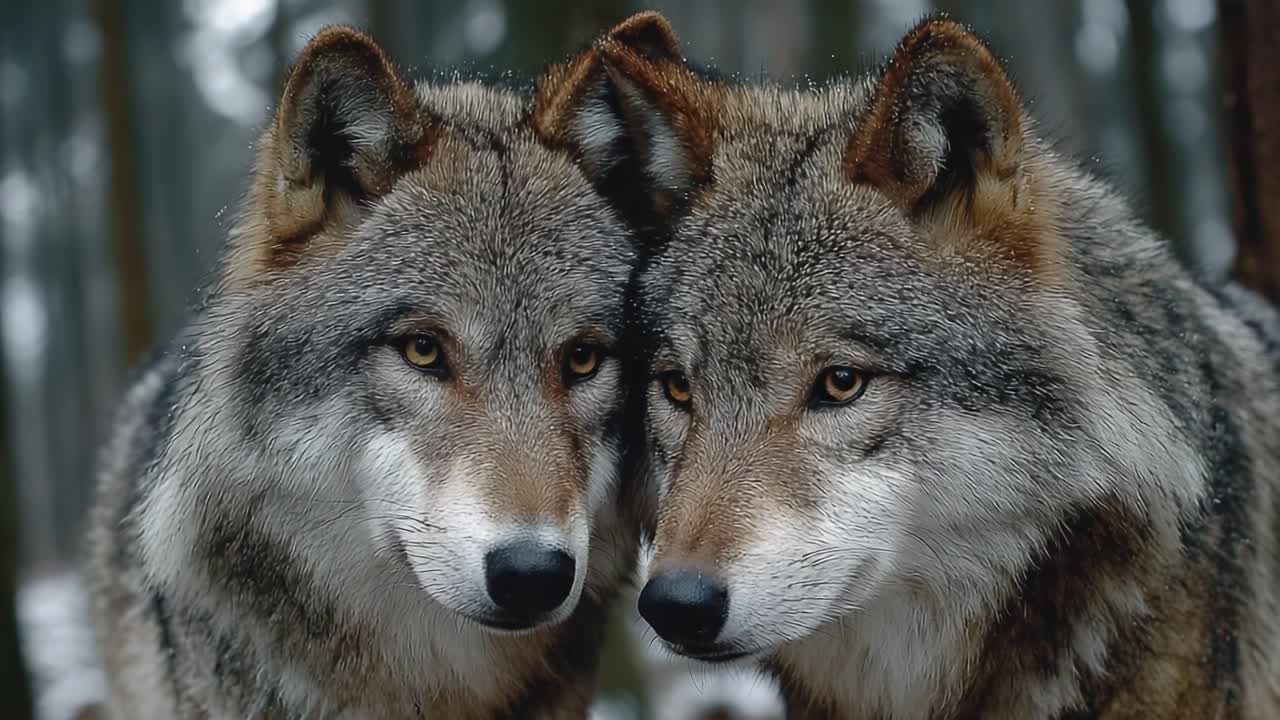 Two Wolves Intimately Bonding in a Serene Forest, Capturing Their Deep Connection and Natural Habitat Amidst the Soft Winter Light