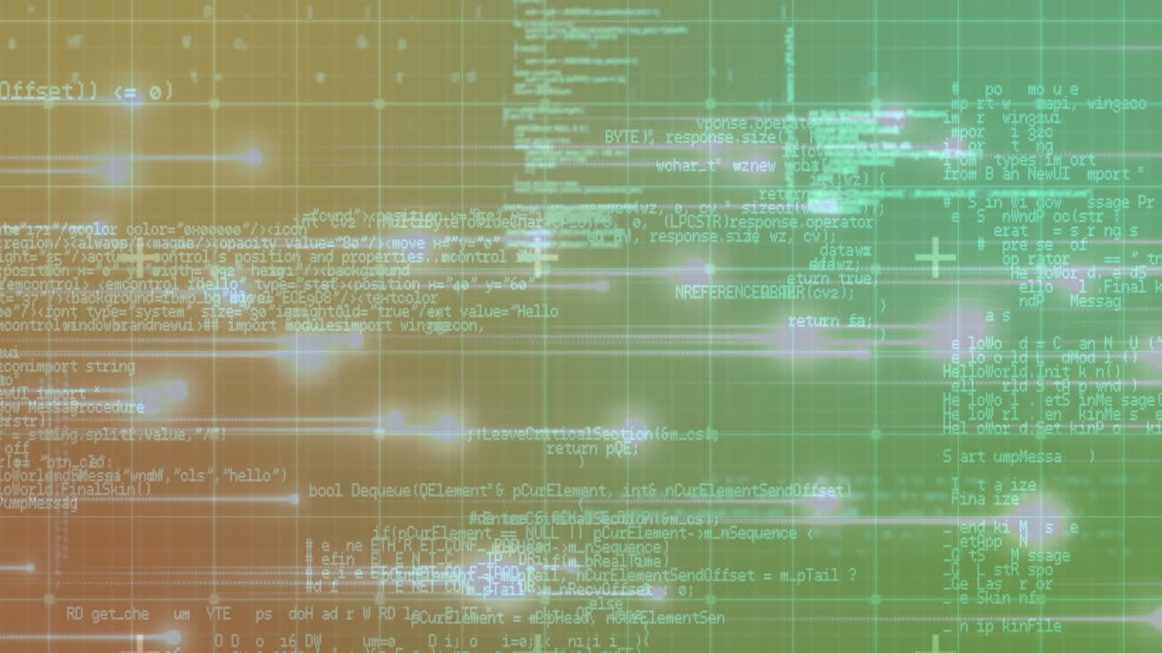 animación del procesamiento de datos y puntos brillantes sobre la cuadrícula y el fondo oscuro