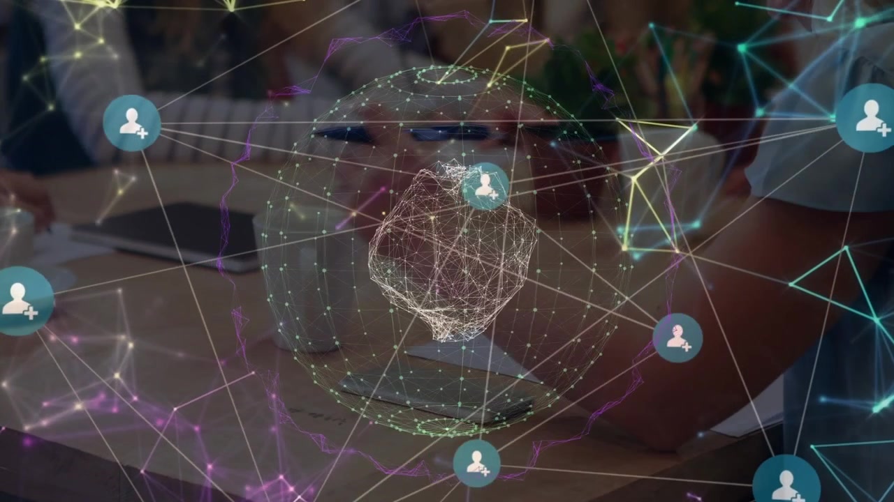 Animation of network of connections and globe over businesswoman using vr headset in office