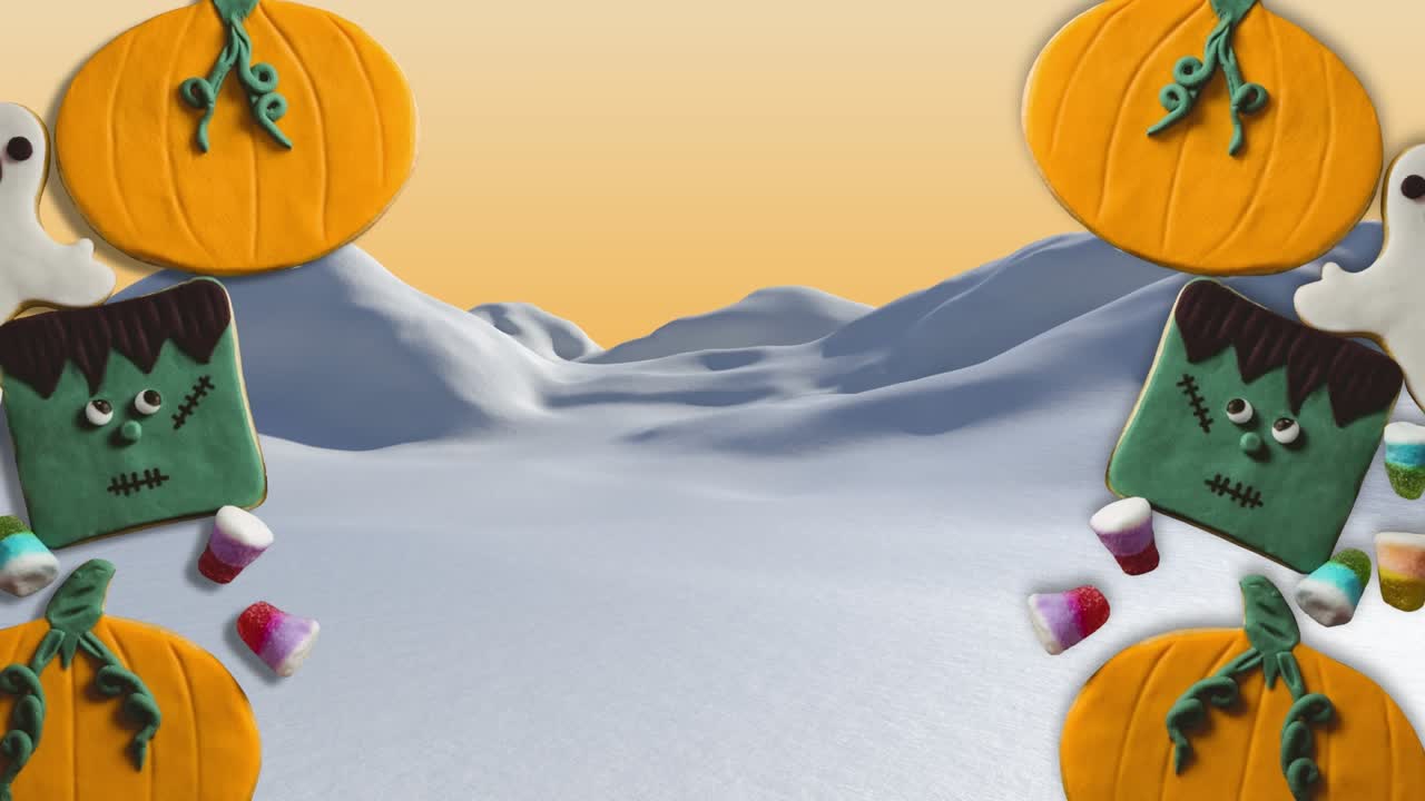 Halloween-karkkien animaatio vuorten yllä keltaisella taustalla