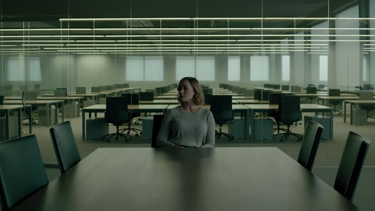 Woman Sitting At Conference Table In Empty Open Office With Rows Of Desks, Fluorescent Grid Lighting, Muted