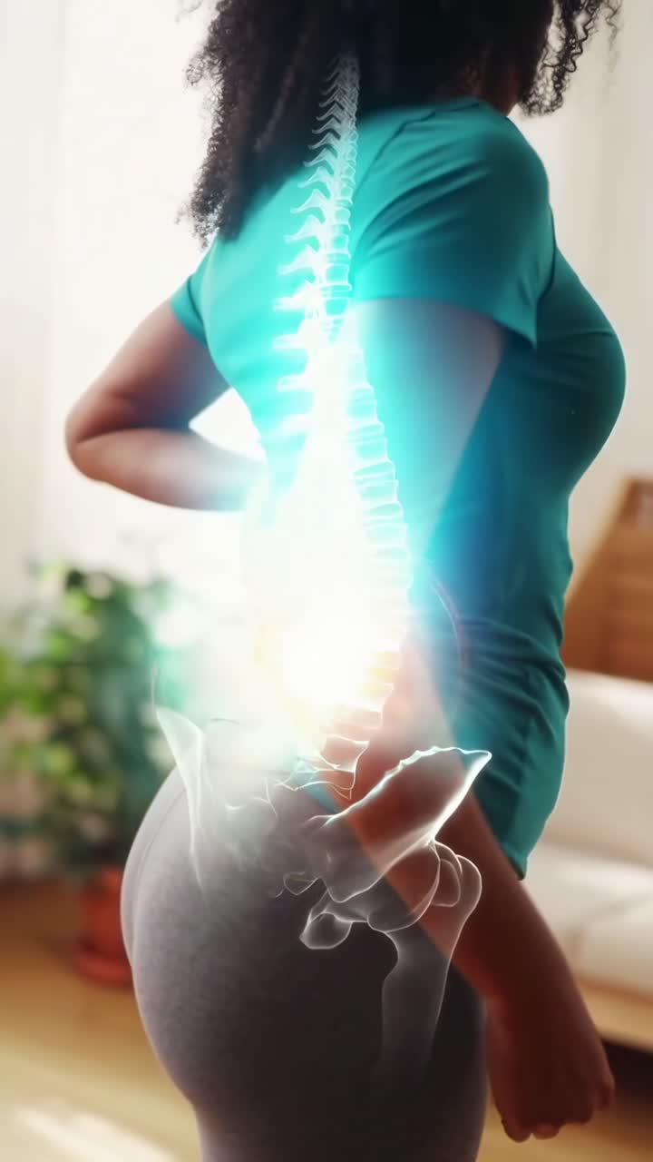Side angle video of a woman with back pain, highlighting the spine with a digital overlay