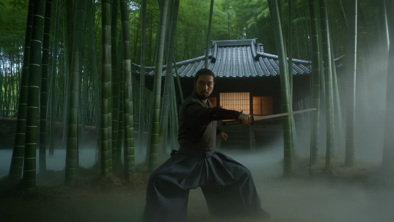 Samurai Warrior in a Misty Bamboo Forest with Katana