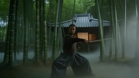 samurai warrior in a misty bamboo forest with katana