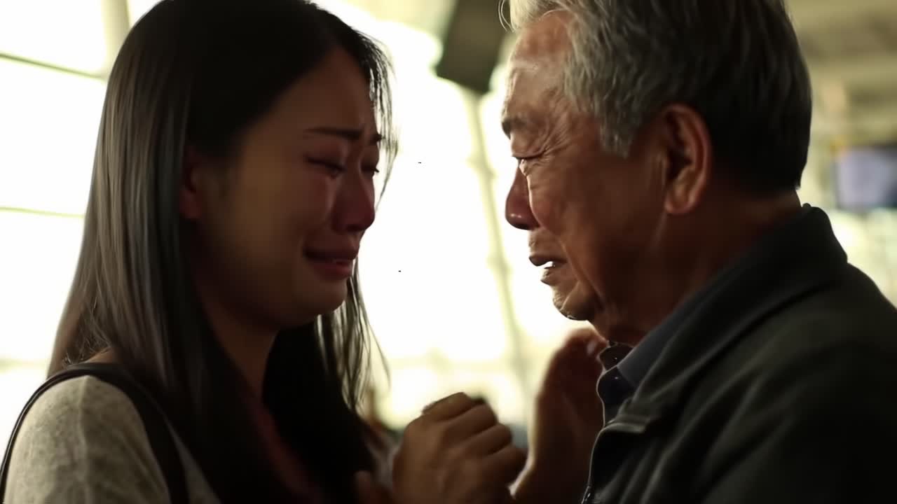 An Emotional Reunion: A Heartfelt Interaction Between a Daughter and Her Father in an Airport Setting Captured Through Touching Farewell Moments