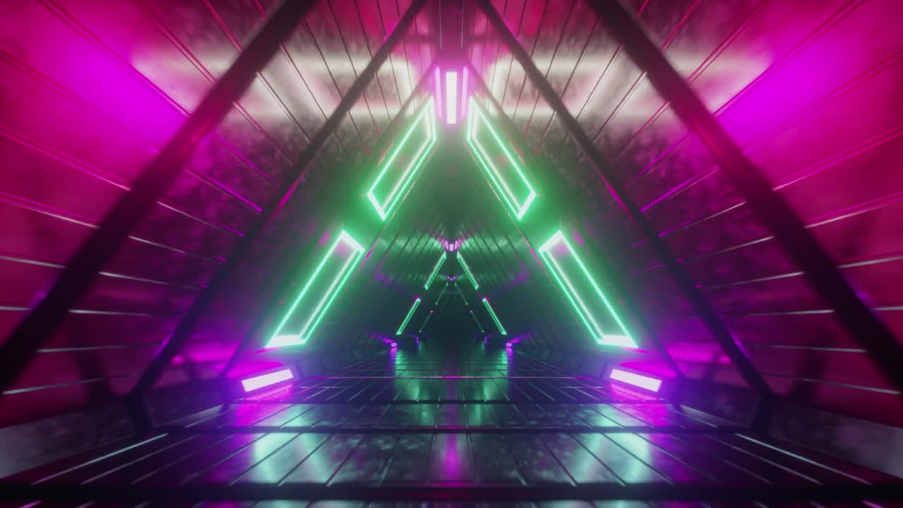 vuelo sin fin abstracto en un corredor metálico geométrico futurista hecho de triángulos. iluminación de neón roja moderna. bucle sin costuras 3d render