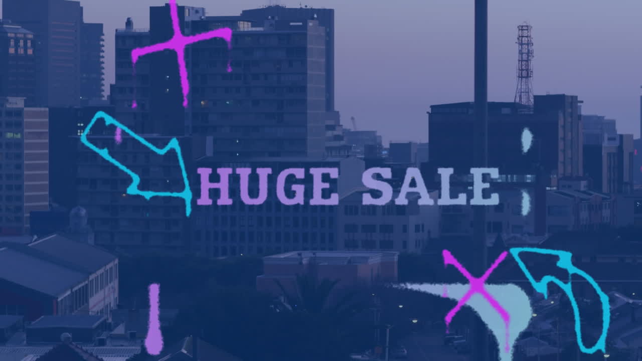 거대한 판매 텍스트의 애니메이션, 화살표, x 기호가 배경에 현대 도시의 공중 전망 위에