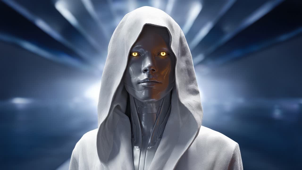 Figura di Androide Futuristico con Mantello Incappucciato e Occhi Luminosi Ambientata su uno Sfondo Dinamico di Luce e Movimento in un Ambiente Sci-Fi