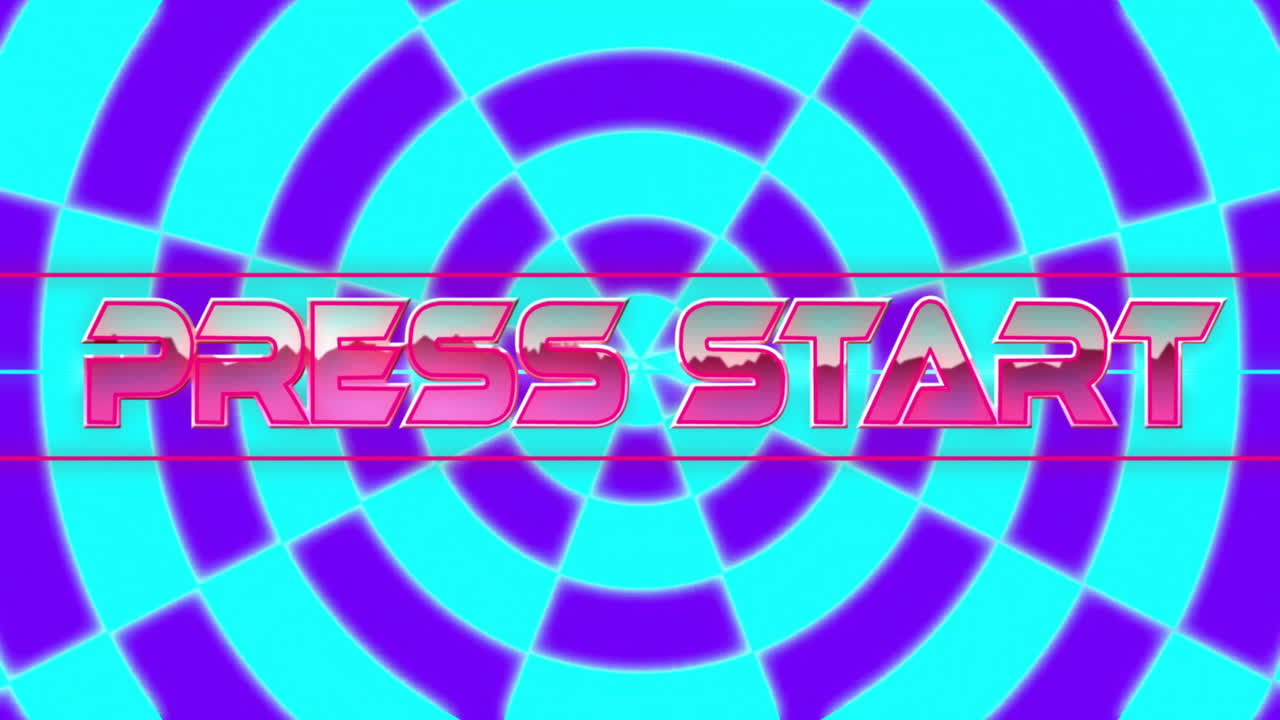 검은색 배경 위에 프레스 시작 텍스트와 파란색 모양의 애니메이션
