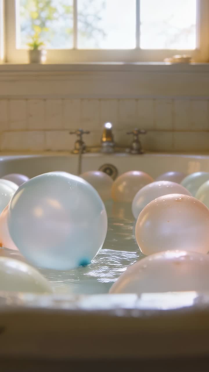 Video verticale: Un grande pallone blu che rotola nell'acqua della vasca, spingendo palloncini pastello vicino al rubinetto