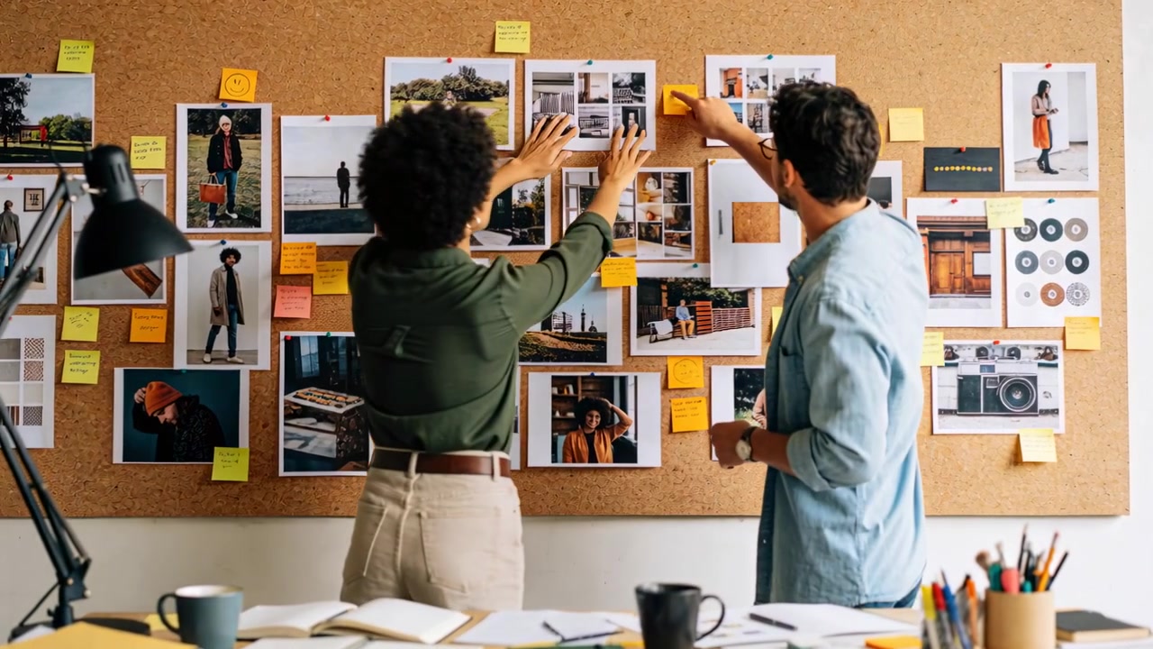 Reaching woman in dark green shirt and man in denim arranging prints on corkboard, placing notes