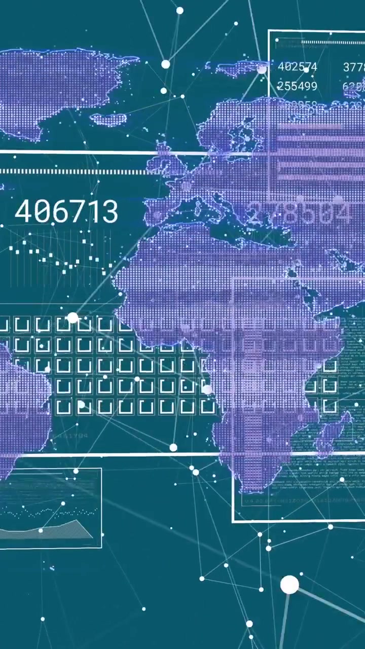 Animation of network of connections and interfaces with data processing against world map