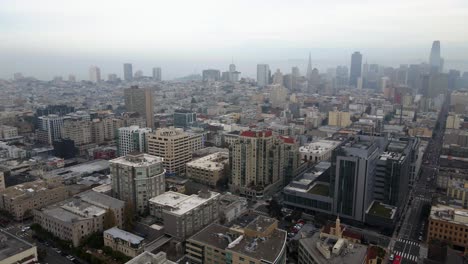 aerial view overlooking the nob hill and polk gulch district in san francisco, usa - pan, drone shot