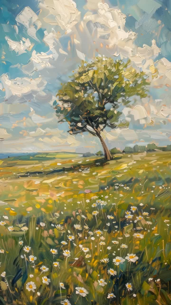 Image fixe de vidéo de style impressionniste d'un arbre solitaire dans une prairie vibrante, capturée en contre-plongée