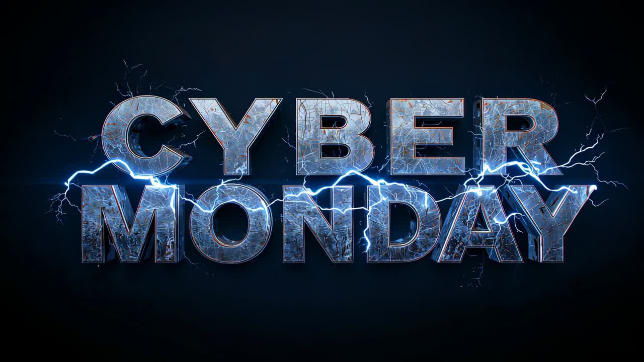 Illuminating 3D CYBER MONDAY text gaining blue rim light in promo layout, bolt entering left edge