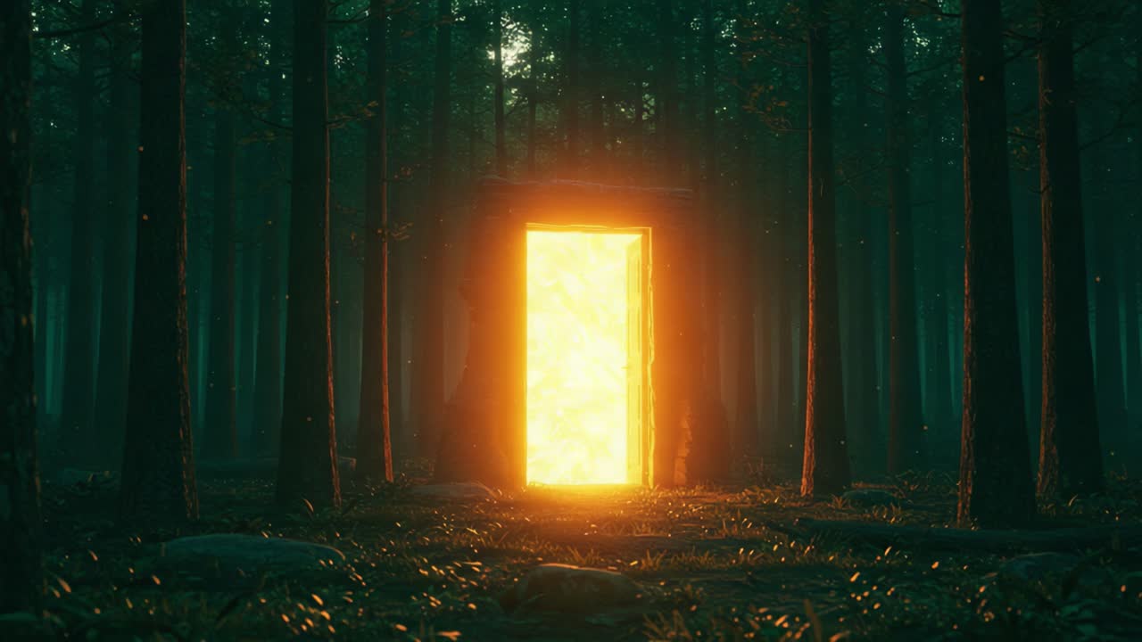 An Enigmatic Glowing Doorway Amidst a Dark Forest: A Mysterious Portal in Nature's Depths Inviting Exploration and Wonder