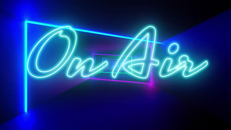 Animation-Eines-On-Air-Textes-In-Blauem-Neon-Mit-Bunten-Neonlichtstrahlen,-Die-Sich-Auf-Schwarzem-Hintergrund-Bewegen