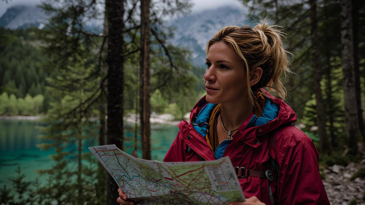 Close-up footage of a female hiker holding a paper map beside a turquoise alpine lake and pine forest, with mountains in the background, travel and navigation concept