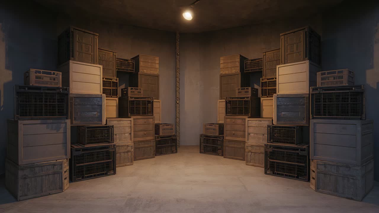 Framing stacked crates, camera starting forward in cellar to focus central floor with bulb and pipe
