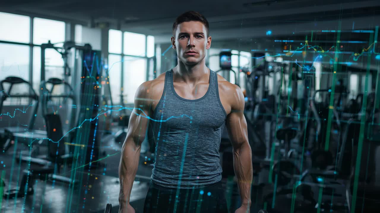 Emerging digital lines scanning man's torso wearing gray tank top in gym, showing muscle metrics