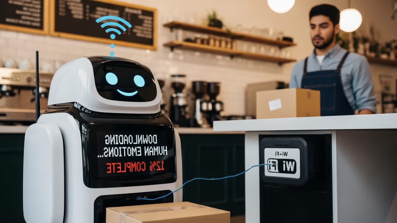 A Friendly Robot Assisting in a Coffee Shop, Indicating Wi-Fi Connection and Completing Human Tasks with a Cheerful Display of Progress Metrics