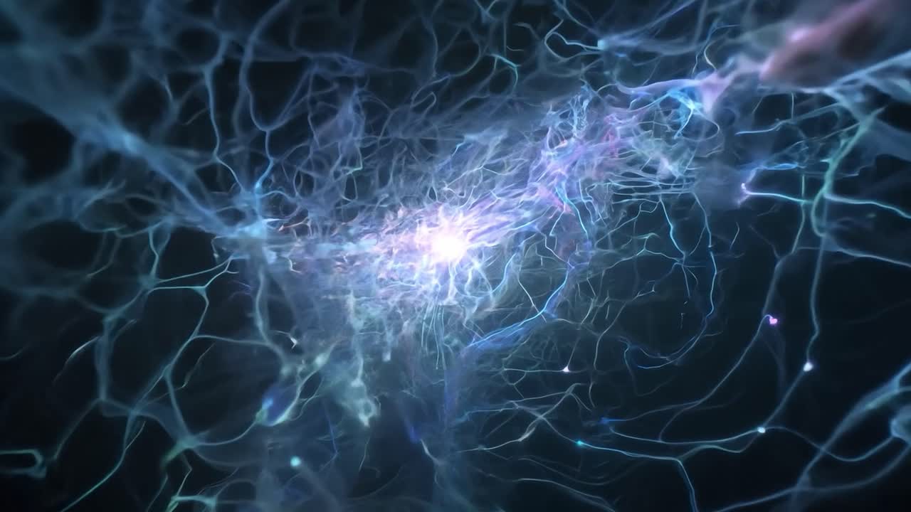 la energía que fluye en tonos azules y púrpuras se mueve a través de una red de nodos interconectados, creando una experiencia visual dinámica