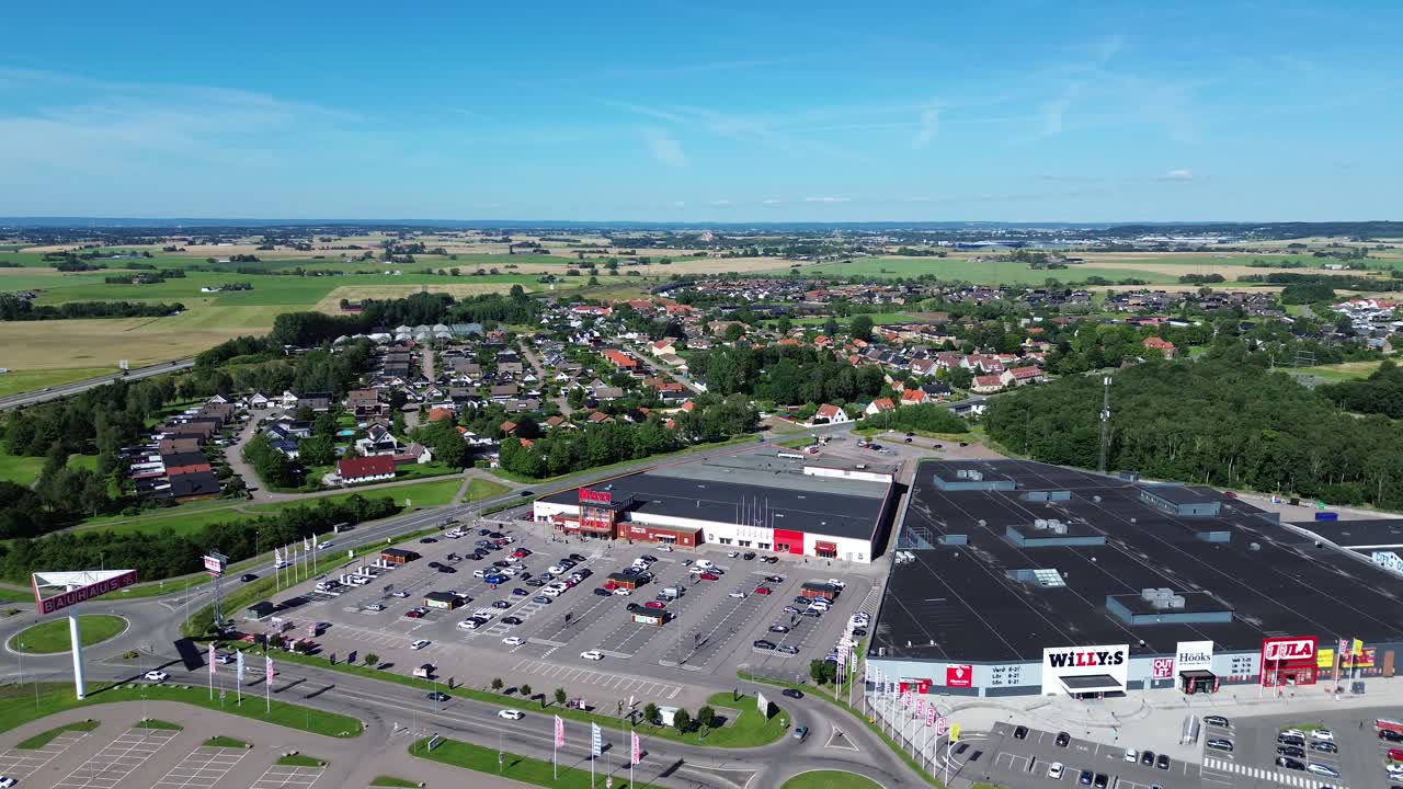 Hyllinge, Sweden: drone approaching a big shopping mall in the town of Hyllinge, Sweden