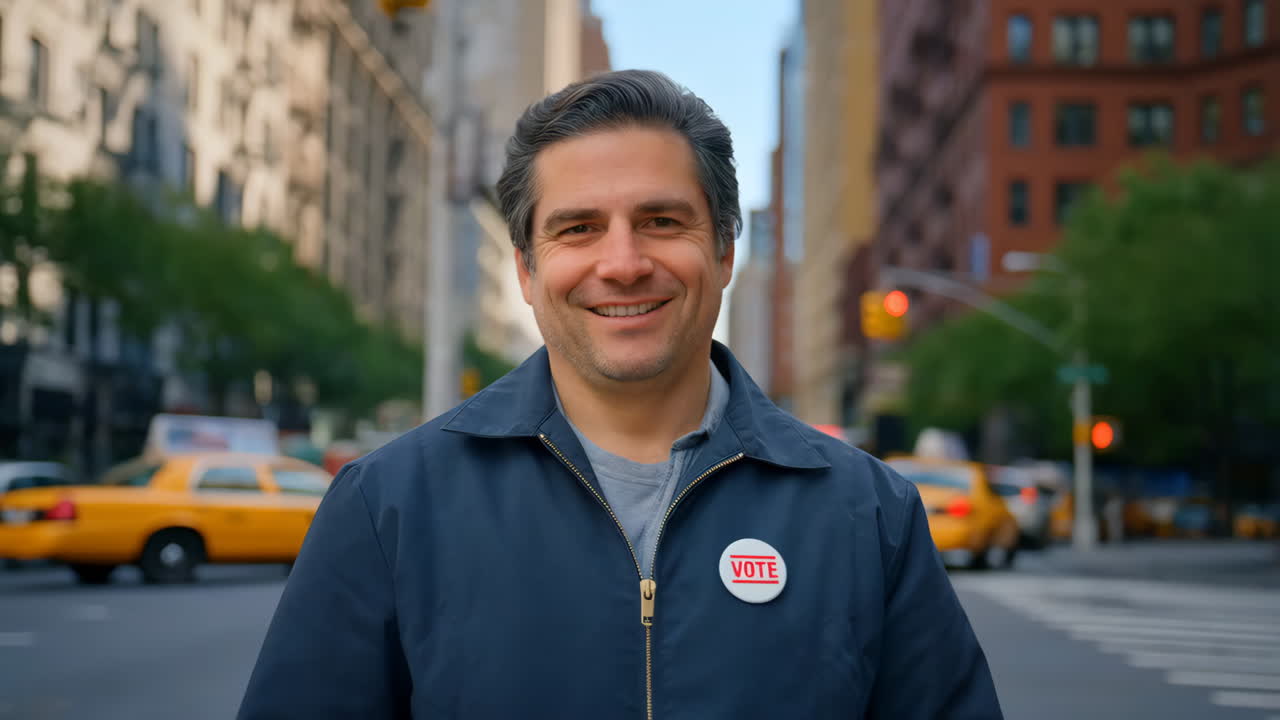 A man wearing a "VOTE" button smiles on a city street